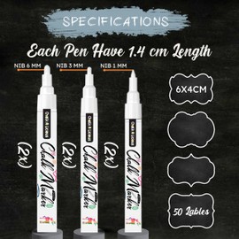 Chalk A licious 6x White Chalk Pens for Blackboards with 50 Black Labels - Liquid Chalk Markers - 2x(1mm,3mm,6mm) - Reversible Tips Bullet & Chisel