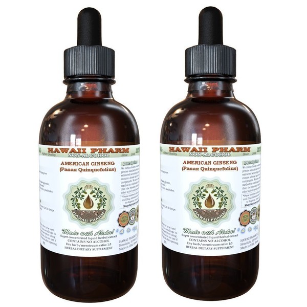 American Ginseng Alcohol-Free Liquid Extract, Ginseng (Panax Quinquefolius) Dried Root Glycerite Hawaii Pharm Natural Herbal Supplement 2x2 oz