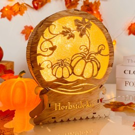 ACAREY Herbstdeko Beleuchtung Hölz Herbst Dekoration Lampe Herbst Deko Lampe mit 3D Kürbis Deko, Herbst Deko Laterne Kürbis Beleuchtet Kürbis Laterne Für Schlafzimmer Wohnzimmer Tisch Deko
