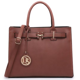 Dasein Women Satchel Purses Handbags Belted Top-handle Work Tote Shoulder Bags with Long Strap (Brown)