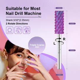 Cnynail 3/32" Small 5.35MM Barrel Bit Tungsten Carbide Nail Drill Bit Safety Bit for Gel & Acrylic Removal, 2- Way Rotating Efile Tip, Salon Electric File Accessory (3XC Girt, Purple)