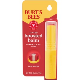 Burt’s Bees Tinted Boosted Balm Rose Knows; Nourishing Vitamin C, E, and F Core; 24 Hour Moisture; Buildable Color with a Semi Glossy Finish; 100% Natural Origin; 1 Tube; 0.16 Oz.