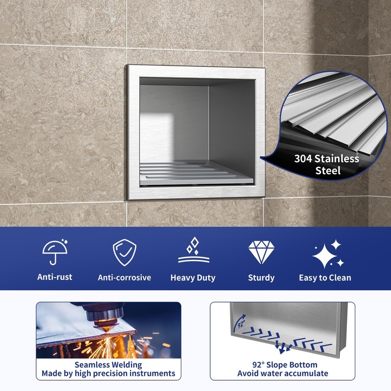 Bernkot Shower Niche, 304 Stainless Steel Stool for Bathroom, Recessed