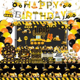 162 Pcs Construction 4th Birthday Party Supplies Dump Truck Four Tableware Includes Backdrop, Hanging Swirl, Banner, Plates, Cups, Tablecloth for Construction Four Years Old Bday Party Decorations