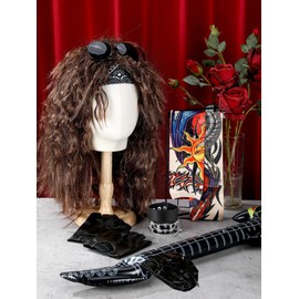 Mepase 80s Rock Costume Set for Women Wig Headband Tattoo Sleeve Gloves Cuff Glasses Inflatable Guitar Punk Rock Party(Dark Brown,M)