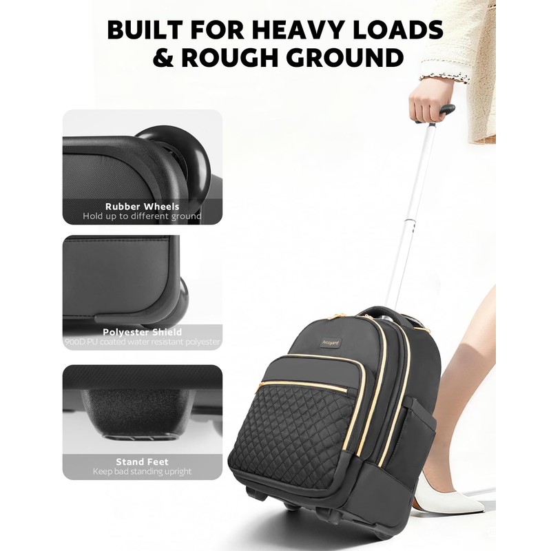 Arcoyard Rolling Backpack for Women, 15.6 Inch Travel Backpack with