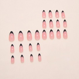 Black French Tip Press on Nails Medium Fake Nails with Stiletto Shaped Designs Acrylic French Glue on Nails Glossy Full Cover False Nails Natural Stick on Nails DIY for Women Girls 24Pcs