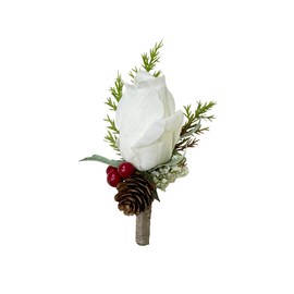 Winter wedding classic Rose bouquet boutonniere Christmas red berry pine cone Eucalyptus Lamb's ear (White Boutonniere)