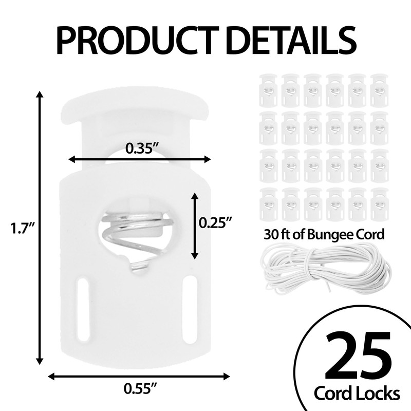 Mandala Crafts White Shock Cord & Plastic Cord Locks for