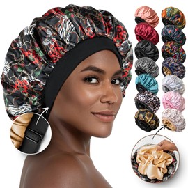 CAPLORD Satin Bonnet Adjustable Sleeping Silk Bonnet Black Women Men Double Layer Satin Lined Sleep Cap Sleeping Hair Wrap Silk Hair Curly Bonnet Large Braids Cover Bonnets Night Head Scarf Protect