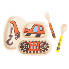 Kid Plate Set Bamboo Toddler Plates Dinnerware Dinner Dish Set Baby Feeding Spill Proof Divided Plate - Baby Spoon and fork 3-Piece Set for Kids and Toddlers Teaches Child Portion Control