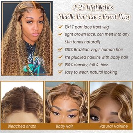 Benafee Deep Wave Lace Front Wigs Human Hair Curly Deep Middle Parting Wig 4/27 Chocolate Brown with Strawberry Blonde Highlights Real Human Hair Lace Wig Pre Plucked Hairline with Baby Hair 12 Inch