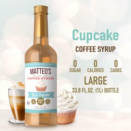 Matteo's Barista Style Sugar-Free Coffee Syrup, Cupcake Flavor, Zero Calories and Sugar, Keto Friendly, Ideal for Lattes, Cappuccinos, Espresso, Americano, Indulgent Taste 33.8 Oz, 1-Pack