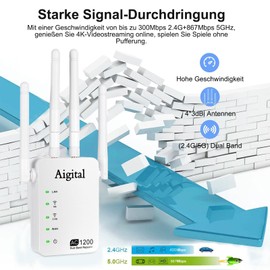 1200Mbit/s WLAN Amplifier, WLAN Repeater Dual Band 2.4G & 5G, WiFi Signal Booster up to 2600sq.ft Internet Repeater with Ethernet, 3dBi x4 Antennas Compatible with All WLAN Devices, AP Mode