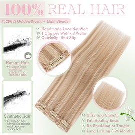 Elailite Real Hair Extensions Clip Balayage Silk Lace in Wefts 6 Pieces Clip in Hair Extensions Invisible 33 g 30 cm for Volume / Meches #12P613