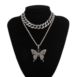AILUOR Butterfly Cuban Linking Necklace Set, Women Hip Hop Choker Pendant Necklace Chain with Bling Rhinestones Iced Fashion Accessory for Hip Hop Lovers Women Girls (Black)