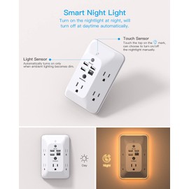 Outlet Extender with Night Light, Multi Plug Outlet, USB Wall Charger Surge Protector 4 USB Charging Port(1USB C), Power Strip Electrical Outlet Splitter Expander for Home Office Dorm Room ETL Listed | HANYCONY