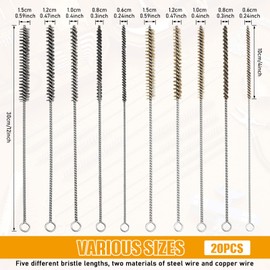 20 Pcs Wire Tube Brushes Bulk for Cleaning Pipe Tube Brass Stainless Steel Round Wire Brush for Auto Parts Christmas, Bottles, Tubes, 5 Sizes (Silver Gold)