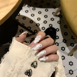 JIEADJIE Press On Nails (100% Handmade),Short-Medium T,Handmade Painted Nail Art by Nail Technician,Daily Version (white bow, Large)