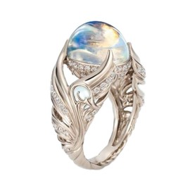 Gixaxak Angel Wings Moonstone Zircon Full Diamond Ring Natural Moonstone 925 Sterling Silver Ring Moonstone Ring Sterling Silver Rainbow Moonstone Ring Dainty Trendy Vintage Opal Ring(Size 7