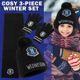 Wednesday Beanie Winter Accessories Set Girls Teens, 3pcs Hat Scarf Gloves, Warm Knit for School Travel Days Out, Gothic Gifts