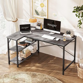 Huuger L Shaped Desk, 47 Inches Computer Desk with Reversible Storage Shelves, Gaming Desk, Corner Desk Home Office Desks, Writing Desk Study Desk with Metal Frame, Gray, 7966HC
