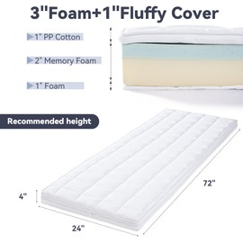 Aurour 4Inch Cot Mattress Topper, Quilted Soft Portable Pads for Camping with Washable Cover, Memory Foam Sleeping Pads Only, Roll Up Floors Mat, 75"x24", Beige