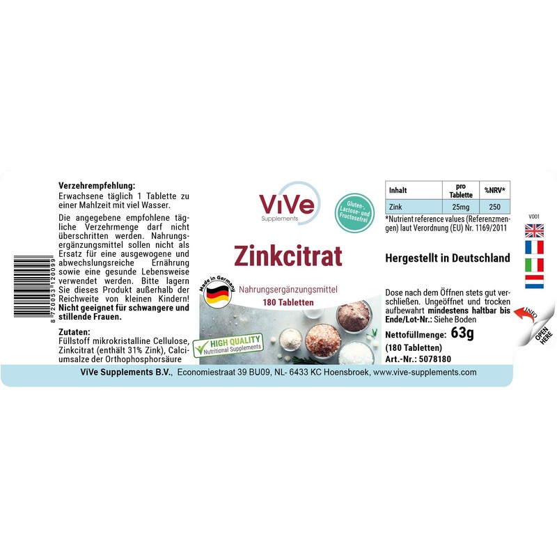 Zinc Tablets, 25 mg Made of Zinc Citrate, 180 Tablets,