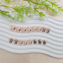 Square Press on Nails Short Fake Nails with Leaves Designs Glossy Glue on Nails Fall Winter Nails Press ons Nude Acrylic Nails Cute False Nails Daily Wear Natural Stick on Nails for Women 24Pcs