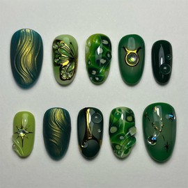 Green Press on Nails Butterfly Fake Nails with Gold Design Rhinestone Glue on Nail Glossy Full Cover Stick on Nails Reusable Acrylic Handmade Medium Almond False Nail for Women Manicure 30Pcs