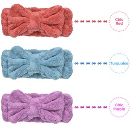 Hicarer 3 Piece Microfiber Bowtie Hairband Set for Women - Chic Purple, Chic Red, Turquoise - Securing Hair, Shower, Facial - Hair Accessories