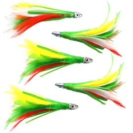 Fish WOW! 5pcs 4" Mini Feather 1/2oz Bullet Chrome Head Trolling Tuna Lure Squid Skirts - Mexican Flag