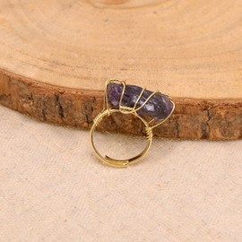 Natural Amethyst Crystal Rough Stone Wire Wrapped Ring, Yellow Gold Tone