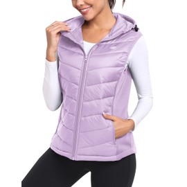 MoFiz Women's Puffer Vests Hooded Winter Warm Lightweight Fleece Lined Hybrid Sleeveless Zip Running Vest Light Purple M