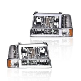 CNNELL LED DRL Headlights Compatible with 1992-1996 Ford F150/Bronco/1992-1997 F250/F350/FSuper Duty w/Corner Signal Bumper Lamps(Clear lens Chrome Housing Amber Reflector