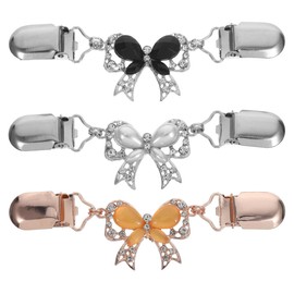 VALICLUD 3pcs Sweater Chain Creative Crystal Bowknot Sweater Clips Cardigan Clip for Dress Clothes (White, Black and Rose Gold)