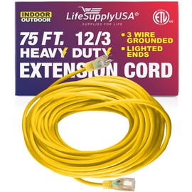 75 ft Power Extension Cord Outdoor & Indoor Heavy Duty 12 Gauge/3 Prong SJTW (Yellow) Lighted end Extra Durability 15 AMP 125 Volts 1875 Watts ETL Listed by LifeSupplyUSA