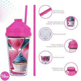MUSICAL STRAW TUMBLERS 1 Pack - Acrylic Tumbler with Lid and Straw- Perfect for Home, Parties, Travel |16oz Double Wall Reusable Plastic Tumbler, HAPPY BIRTHDAY TO YOU (Magenta)