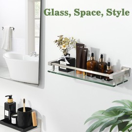 Alise Glass Bathroom Shelf, Brushed Nickel Tempered Glass Shelves for Bathroom, Stainless Steel Modern Bathroom Floating Shelves Wall Mounted, 16 inch