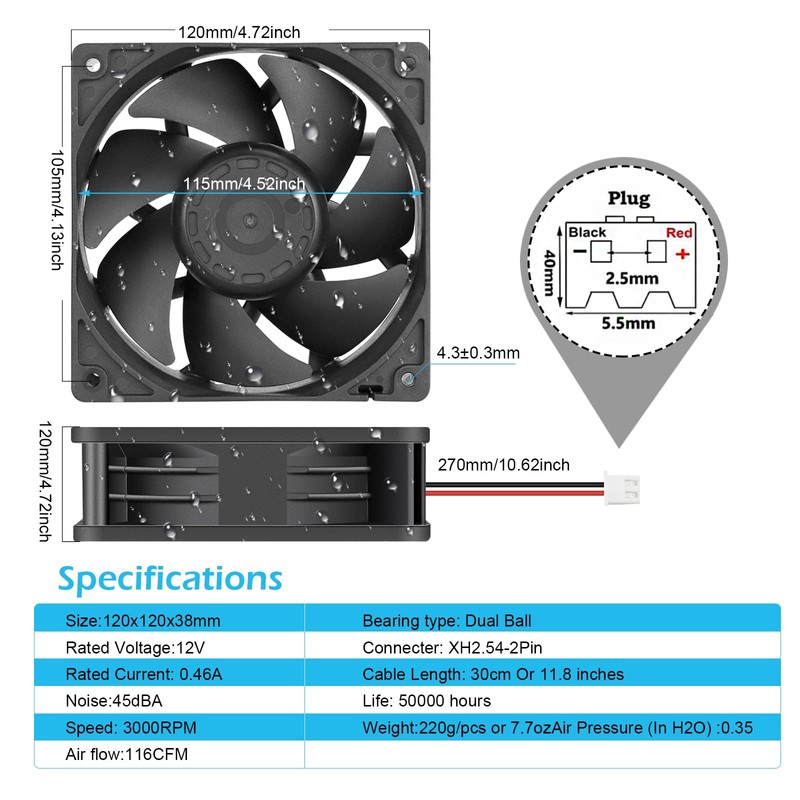 Wathai 120mm x 38mm 12V Waterproof Exhaust Fan Dual Ball