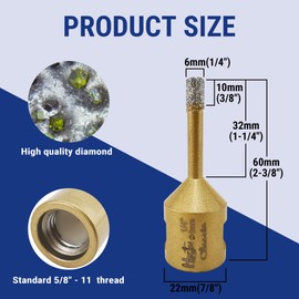 HXIN Vacuum brazed Diamond Hole Saw with 5/8"-11 Thread Classical Golden for Dry or Wet Drilling on Hard Porcelain Ceramic Tile Masonry Granite Marble Used on Angle Grinder (6mm 1/4")