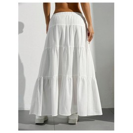 RoseSeek Women's Flowy Flared Ruffle Hem A Line Maxi Skirts Elastic Waist Elegant Tiered Layer Boho Long Skirts White Large