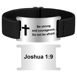 Pmormyy Bible Verse Cross Bracelet for Women Men, Christian WWJD Jesus is King Jewelry Gift Adjustable Bracelet Black Silver Joshua 1:9