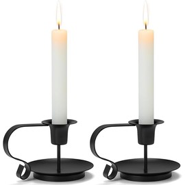 Matte Black Iron Candle Holder with Handle 2 Pcs Taper Candle Sticks Holder Decor Farmhouse Home Wedding Party Dinning Table Centerpiece (Set Of 2) (Loop Handle Large, Black, 4 Inch)