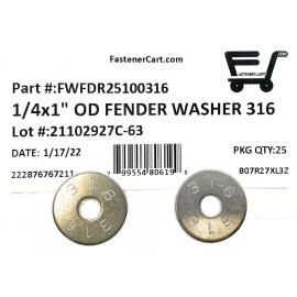FAS (25) 1/4 ID x 1" OD 316 Stainless Steel Fender Washer Large OD Flat Washers SS