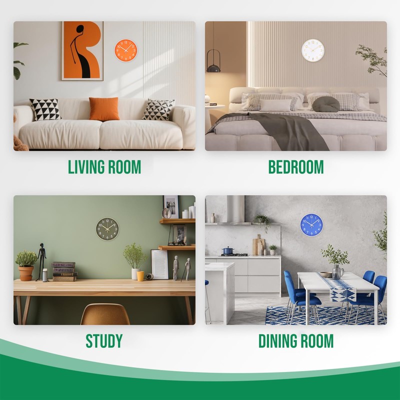 bakbrand Wall Clock Silent Modern Round Decor Clock Non-Ticking Battery