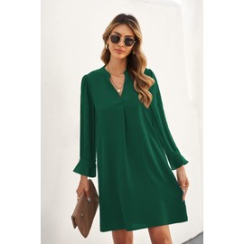 Wkior Fall Dresses for Women Cute V Neck Loose Cute Casual Long Sleeve Shift Dress Dark Green M