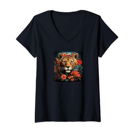 Womens Leopard With Flowers Around Boho Style Graphic V-Neck T-Shirt