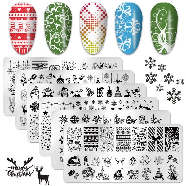 SILPECWEE 6pcs Christmas Nail Stamping Plate Nail Stamp Snowflake Elk Winter Nail Stencils Nail Art Stamping Kit Holiday Manicure Template