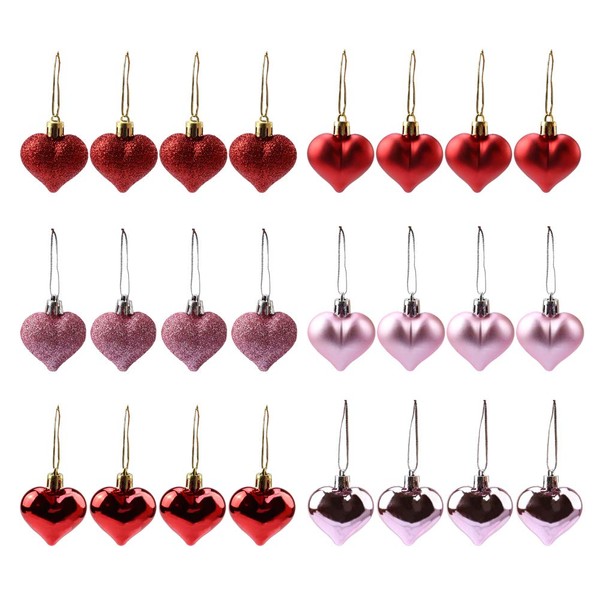 Sofecto 24 Pieces Heart Shaped Ornaments for Valentine's Day Heart Shaped Baubles for Home Wedding Party Hanging Decorations DIY Craft, Matte, Glitter, Sequined (Red, Pink)